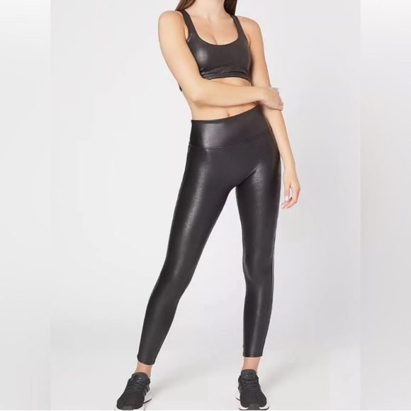 Spanx Faux Leather Stripe Black Metallic Leggings, Size L - Picture 2 of 12